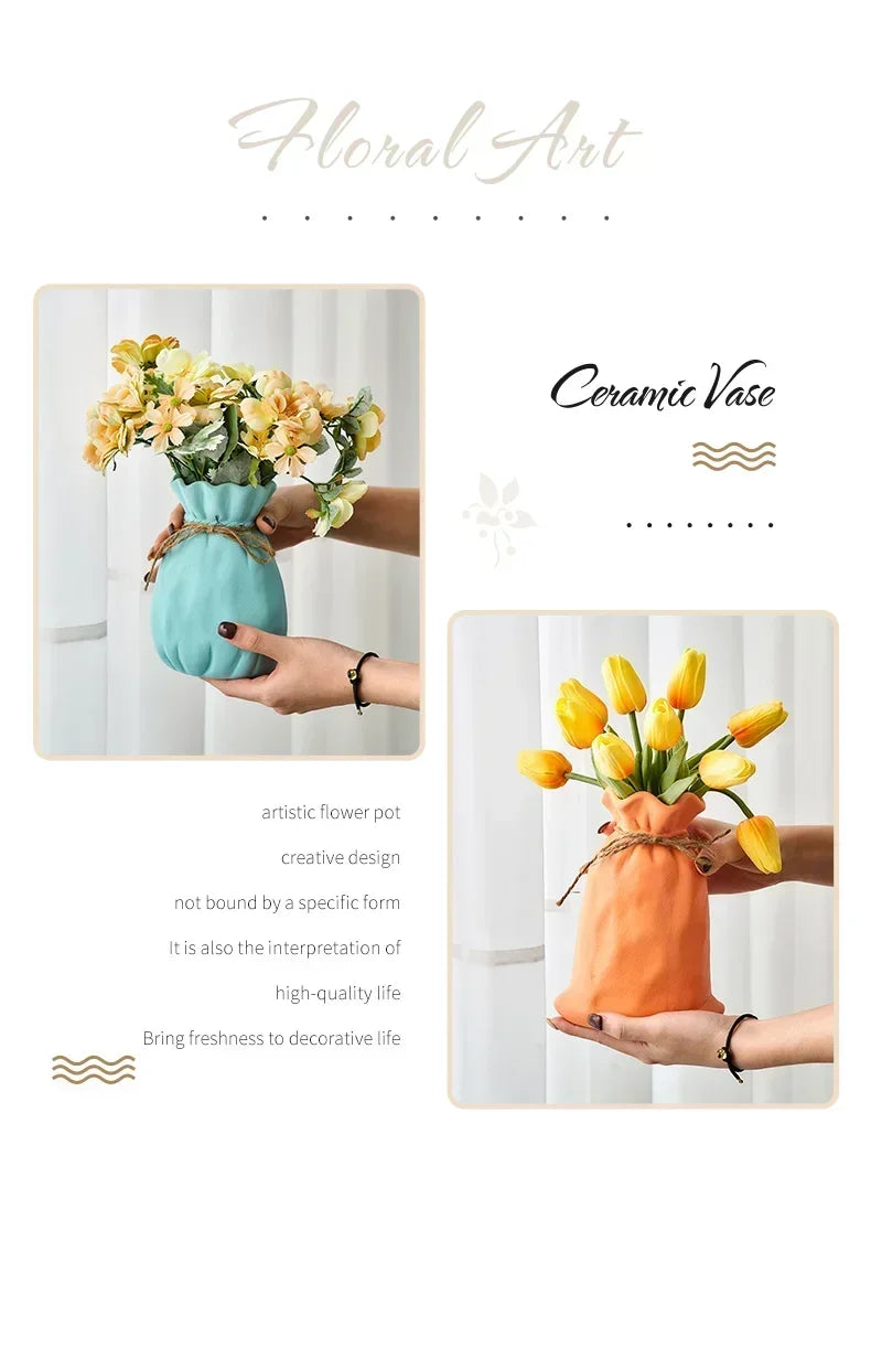 Ceramic Sack-Shaped Vase with Rope Accent