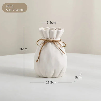 Ceramic Sack-Shaped Vase with Rope Accent