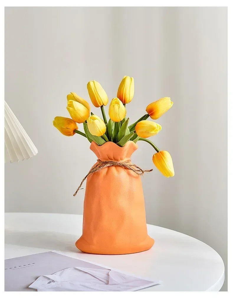 Ceramic Sack-Shaped Vase with Rope Accent