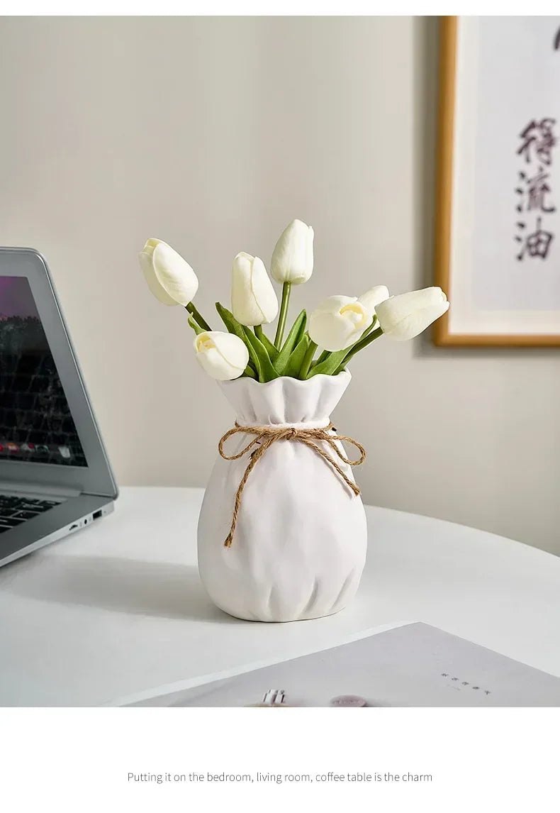 Ceramic Sack-Shaped Vase with Rope Accent